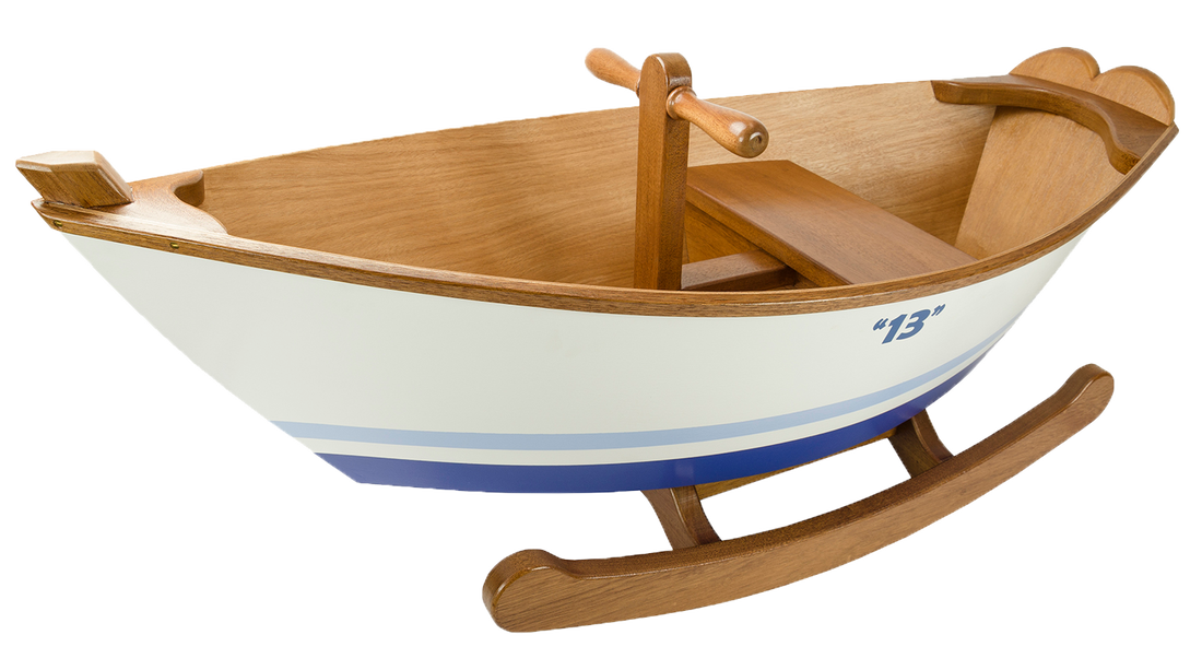 Plymouth Rock'r wooden children's rocking boat built by South Shore Boatworks