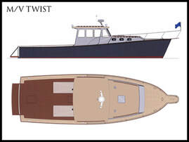 colored drawing of wooden motor vessel twist refit and restored by south shore boatorks downeast boat design