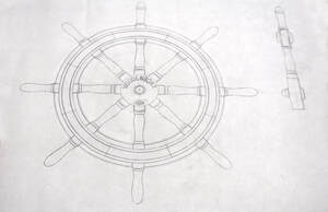 drawing of construction plans for wooden ship yacht steering wheel to be built at south shore boatworks used in planning process of building a wheel